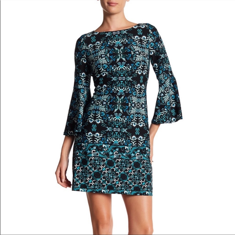 Vince Camuto Printed Flare Sleeve Dress Paisley Floral Size 10 Blue Bell Sleeves